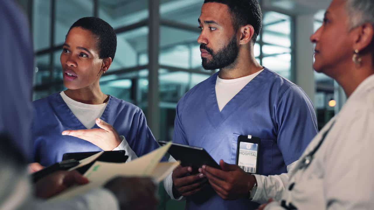 Doctor, team management and tablet at night
