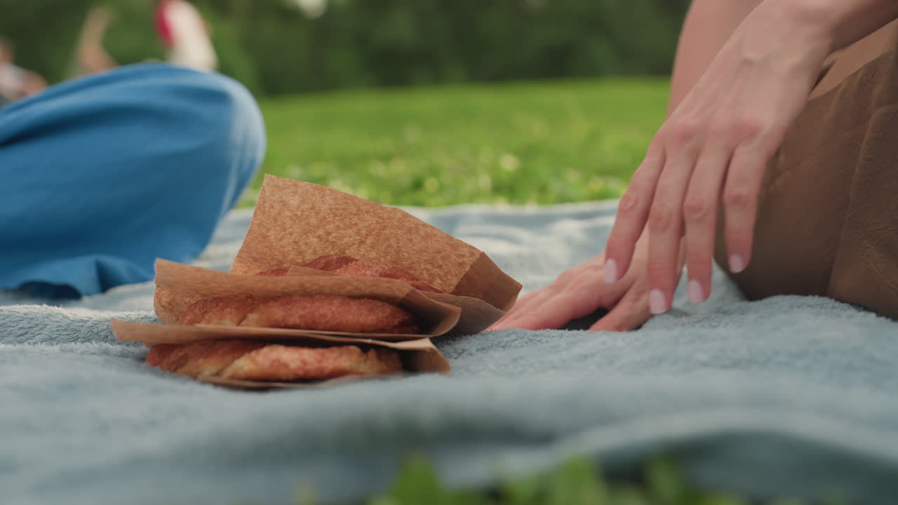 mature woman handing wrapped snacks to partner on picnic mat outdoors, close hands exchange showing care and sharing during relaxed park outing with soft light and green background