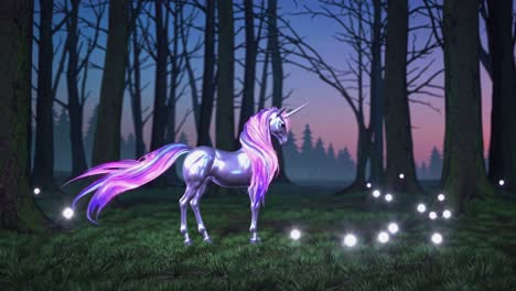 magical unicorn in a glowing forest at twilight