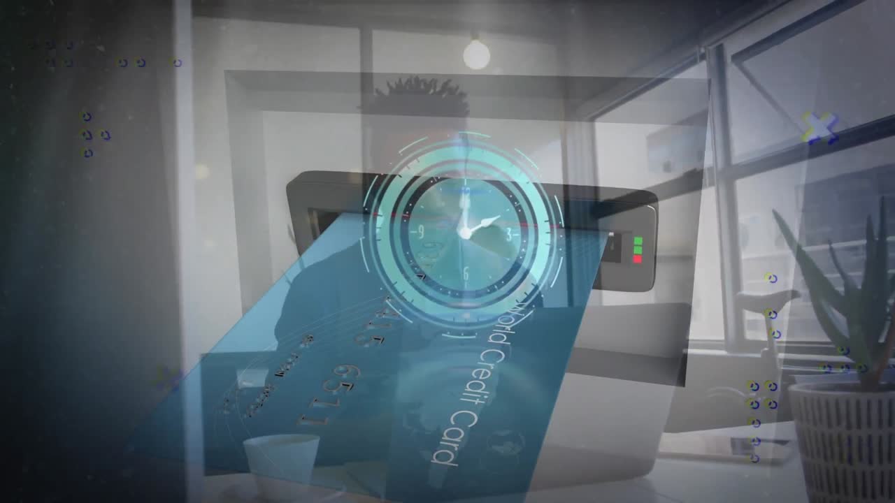 사무실에서 노트북을 사용하는 아프리카계 미국인 사업가 위에 움직이는 시계의 애니메이션