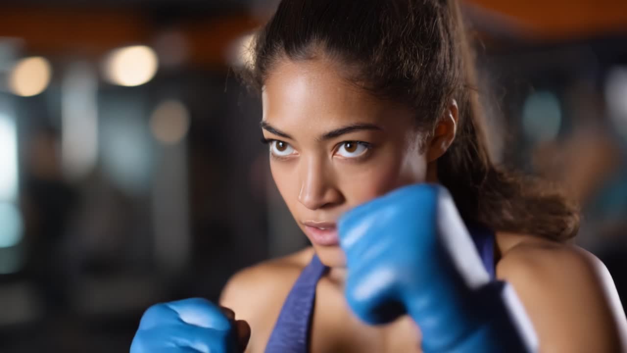 Focused Female Boxer Training in Gym, Showcasing Strength, Determination, and Technique While Preparing for a Fight with Punching Gloves Up and Ready