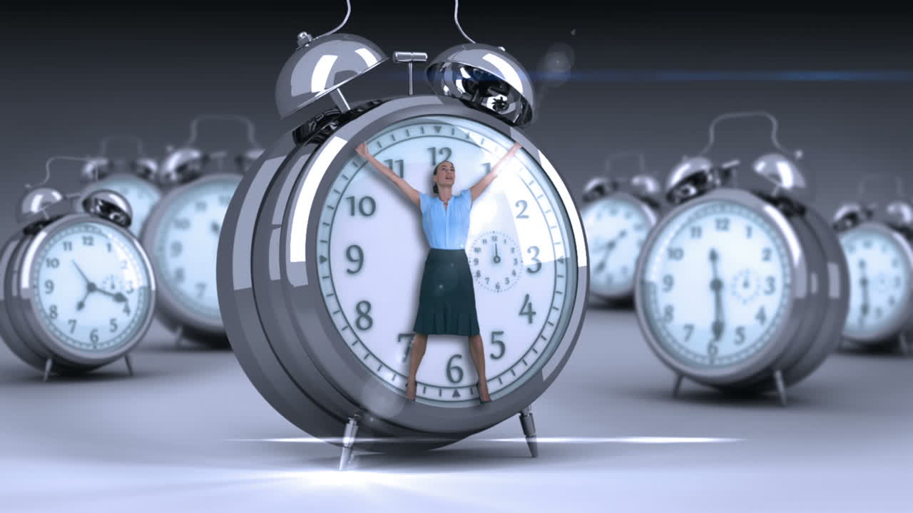 Businesswoman tied up on giant clock