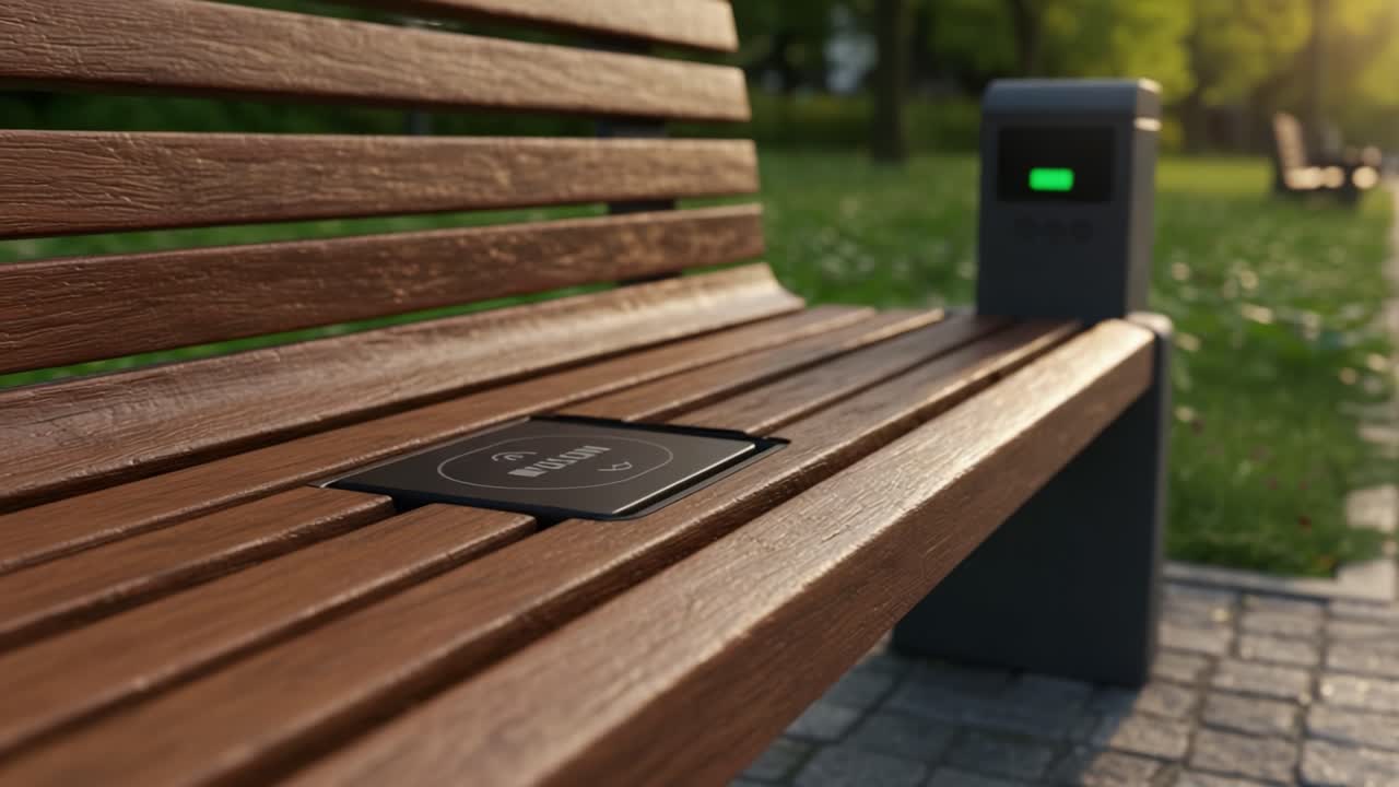 Modern Park Bench with Wireless Charging Station and Energy-Efficient Design Perfect for Urban Environments and Sustainable Outdoor Spaces