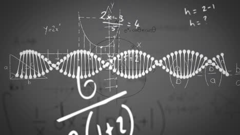 animación de la cadena de adn y ecuaciones matemáticas sobre un fondo gris