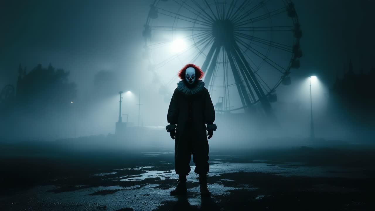 Eerie clown figure stands in foggy amusement park with illuminated ferris wheel backdrop