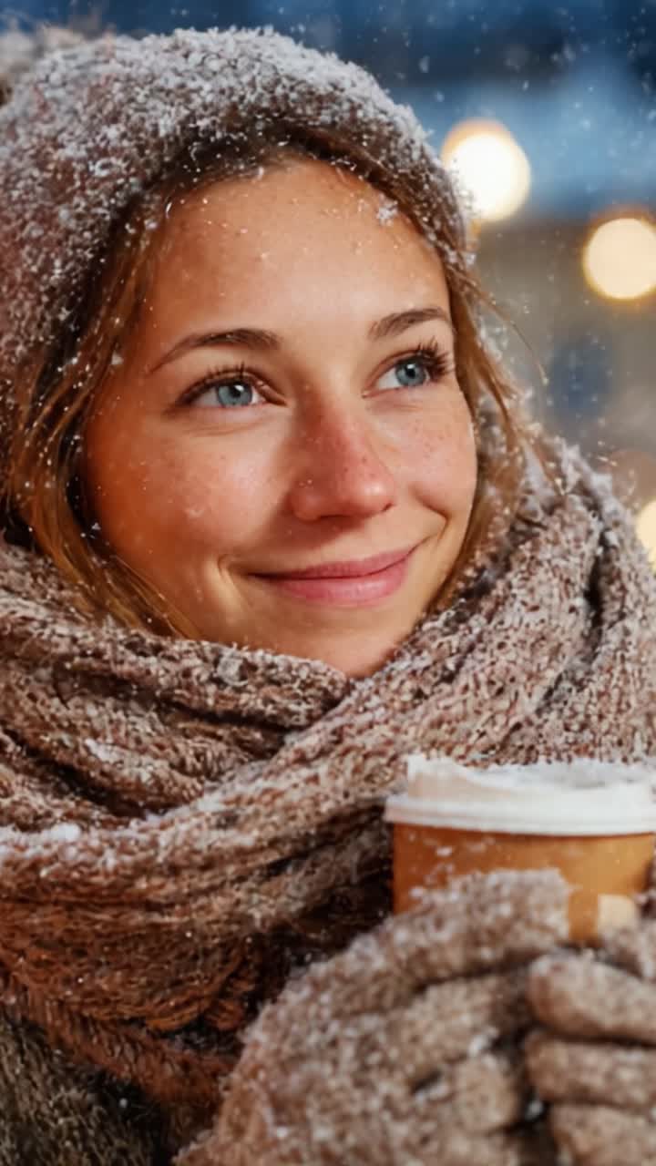 Una giovane donna raggiante che si gode una bevanda calda in un paesaggio invernale innevato, incarnando il calore dell'allegria delle feste e la bellezza di una serena atmosfera invernale