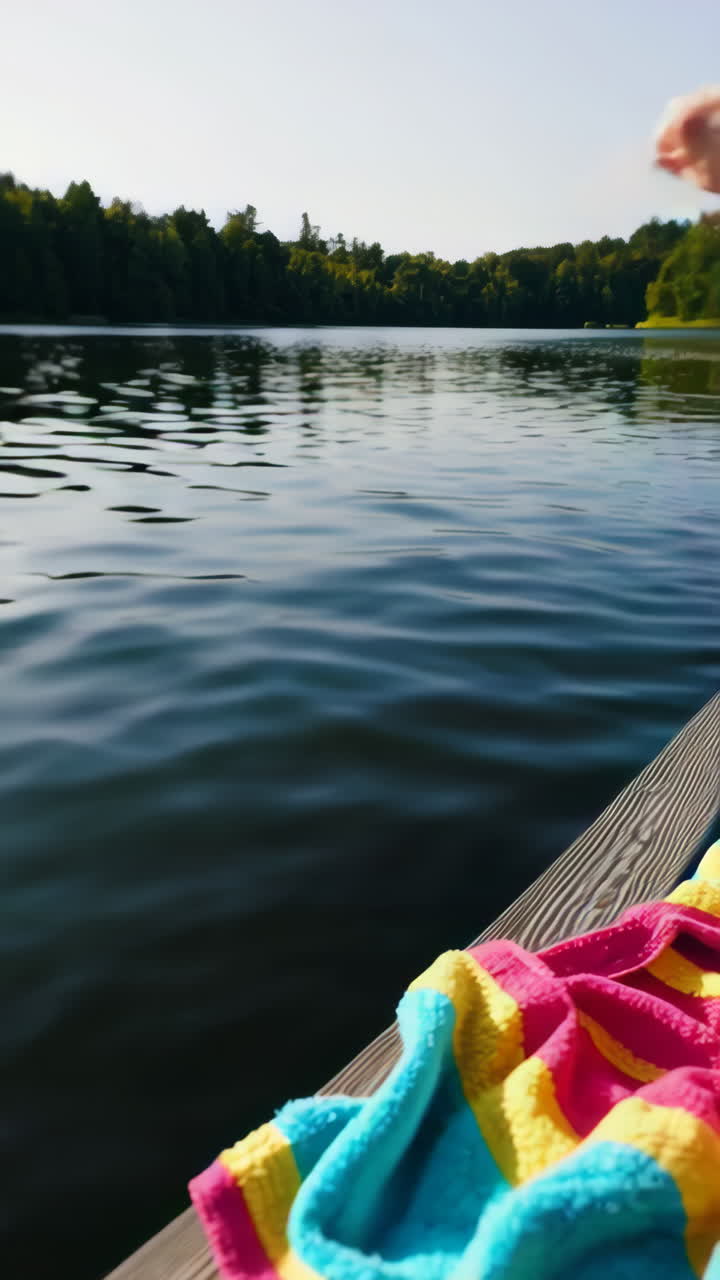 A person relaxing on a dock by a lake