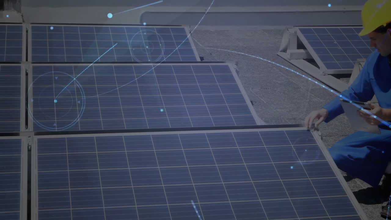 Technician kneeling and inspecting solar panels on rooftop, displaying circuit data overlay visuals