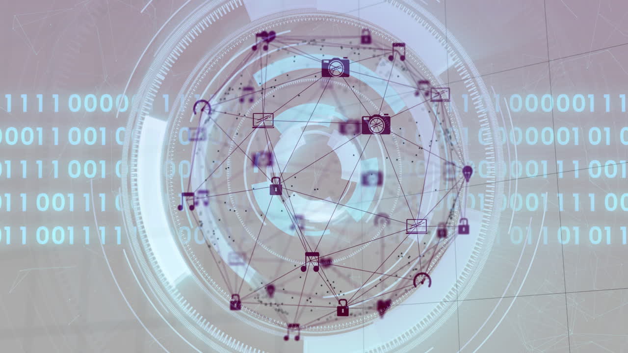 Forming complex data sphere, digital network of icons with binary code animation