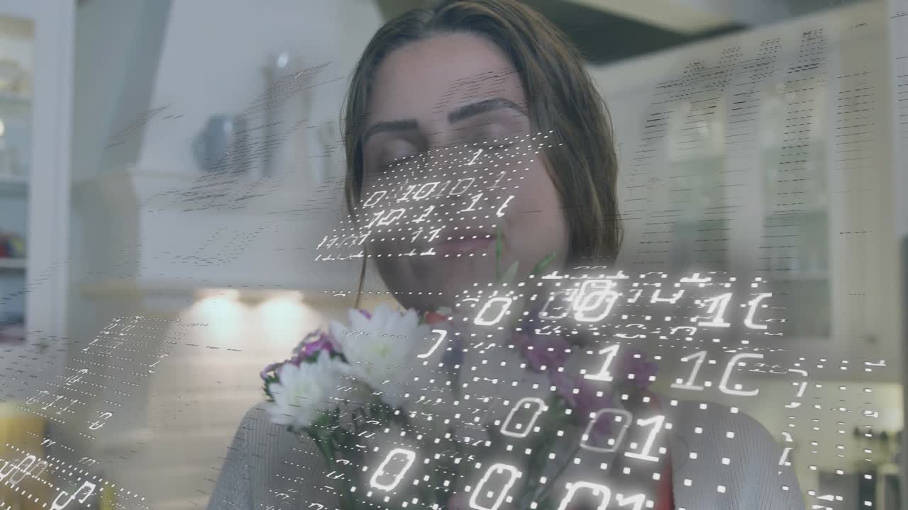 Woman holding bouquet in kitchen and breathing scent, generating technology grid overlay