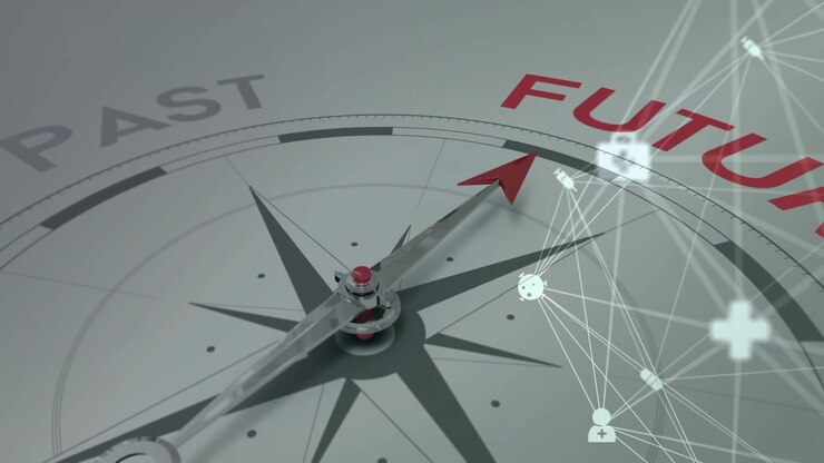 Starting metallic compass pointing PAST, pulsing icons, red-arrow needle rotating toward FUTURE