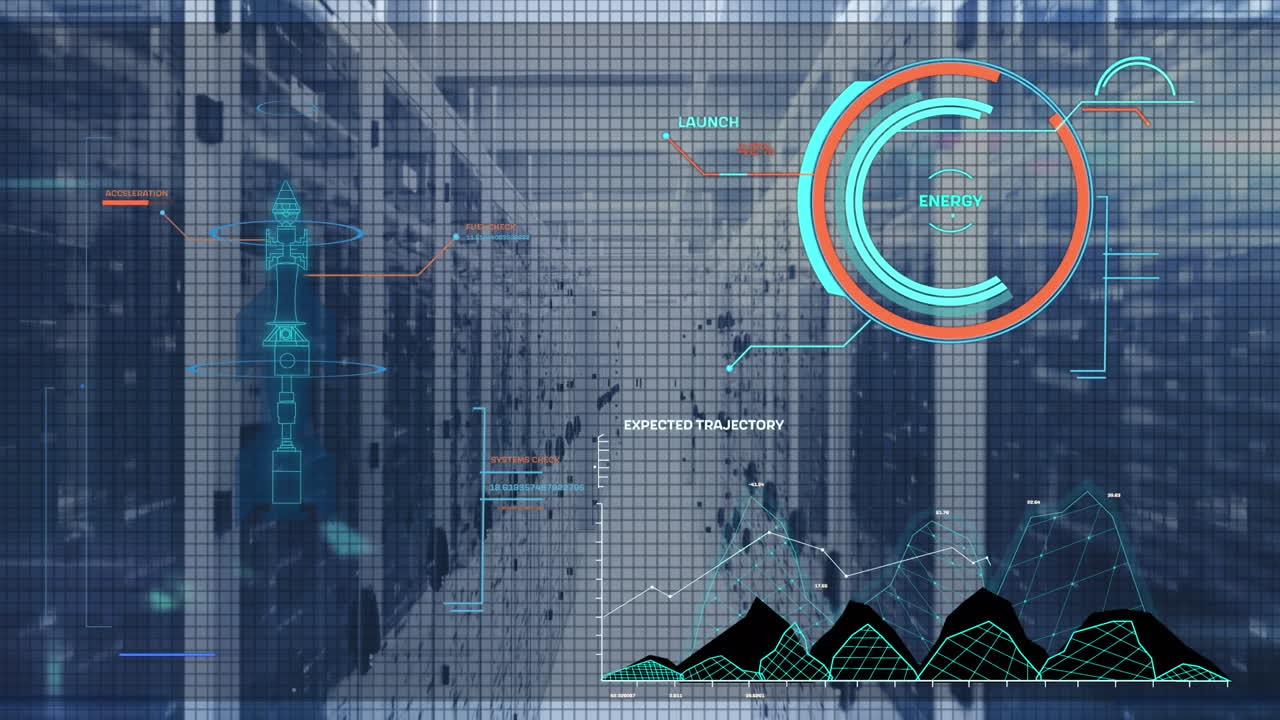 Animation of interface with data processing and mosaic squares against computer server room