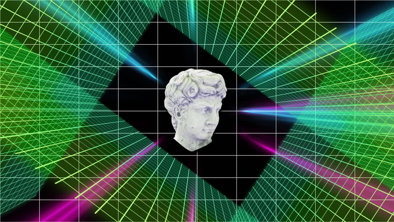 검은색에 분홍색 격자 위에 왜곡 된 고전적인 동상 머리의 애니메이션