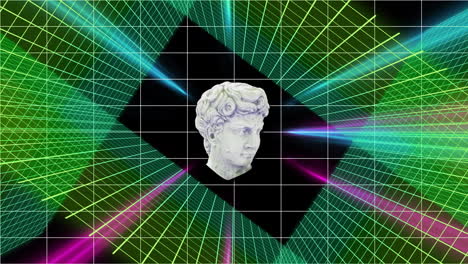 animation of classical statue head distorting over pink grids on black