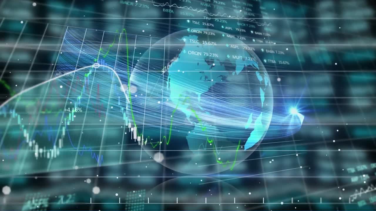 Animation of statistics and financial data processing over globe