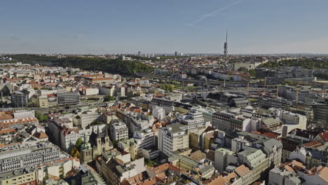 Prague-Czechia-Aerial-v50-flyover-Petrska-Ctvrt-capturing-traffics-on-Wilsonova-and-cityscape-across-Florenc-and-Zizkov-featuring-Vitkov-hill-and-TV-tower---Shot-with-Mavic-3-Cine---November-2022