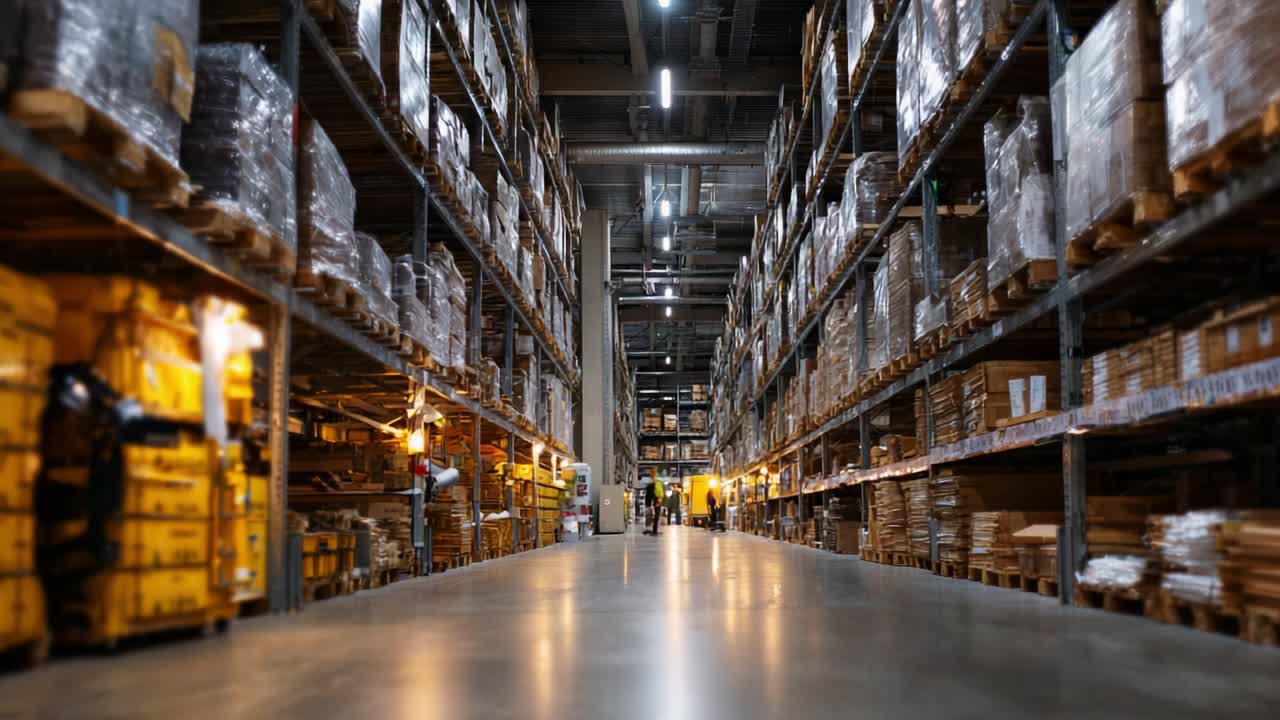 A Vast Distribution Center Showcasing Aisles of Stacked Pallets and Shelves Loaded with Products, Illuminated by LED Lighting in a Modern Warehouse Space, Depicting Efficient Logistics Operations