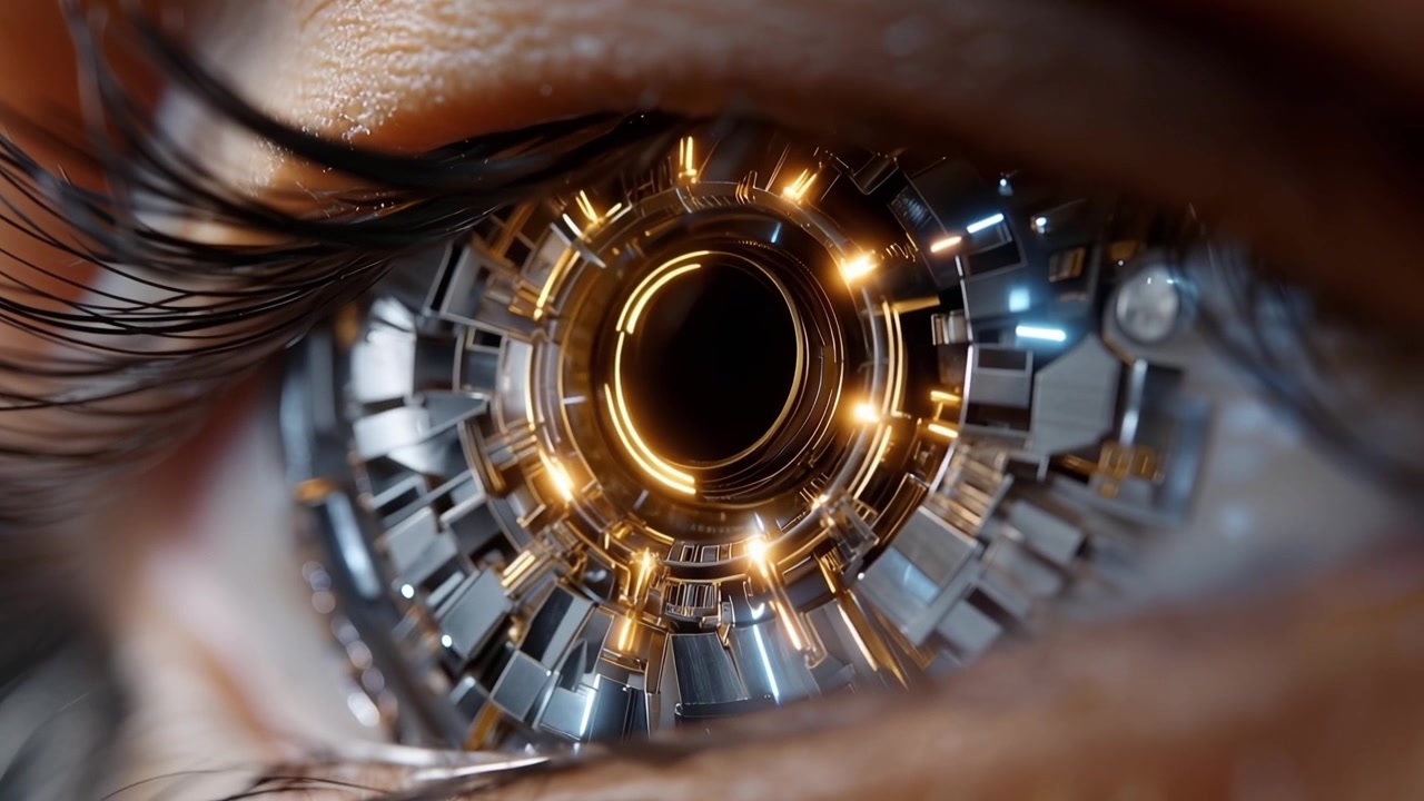 Primo piano di un occhio cyborg futuristico con circuiti digitali luminosi
