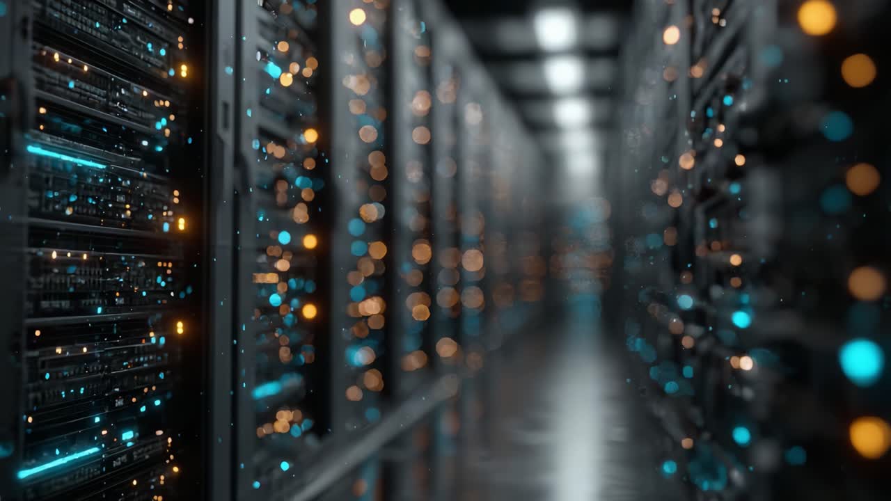 A Glimpse into a Modern Data Center: Illuminated Server Racks Displaying Bright Lights and Connectivity in an Advanced Digital Infrastructure
