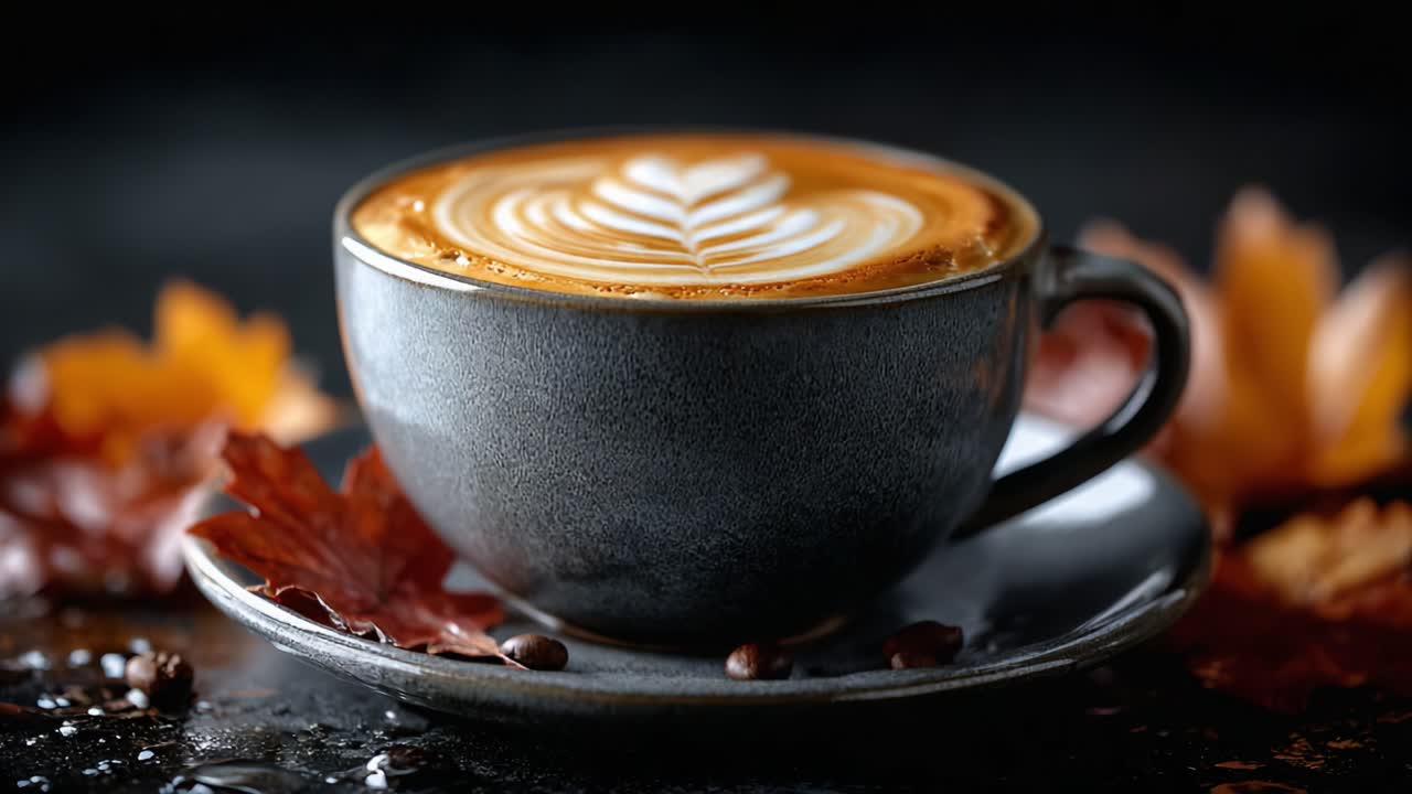 A Cozy Autumn Moment Captured: A Beautifully Crafted Latte with Leaf Art Surrounded by Fall Leaves and Warm Tones, Perfect for Coffee Lovers