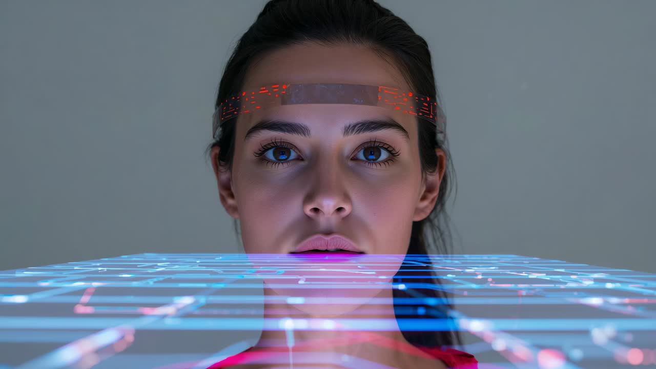 Standing woman in pink top, studio grid activating and forming cyan scan rings for 3D
