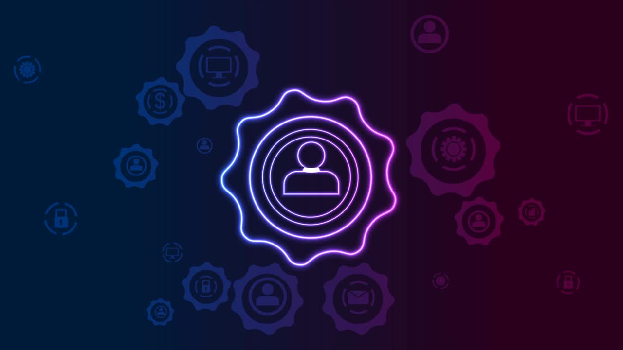 fondo de movimiento de comunicación de neón abstracto con engranajes e iconos