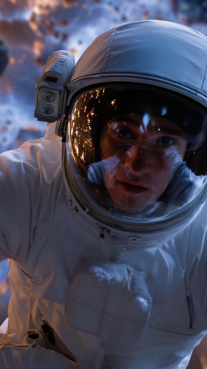 An astronaut in a spacesuit captured in a profound moment of exploration, gazing through a reflective helmet amidst a backdrop of cosmic wonders and stars