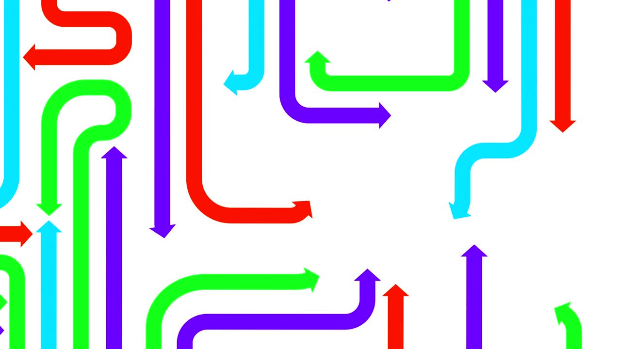 un laberinto de flechas coloridas sobre un fondo blanco, un bucle sin costuras, animación cg