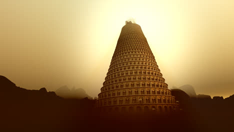 imagen conceptual de la torre bíblica de babel el edificio hecho por las manos de los humanos que querían alcanzar el cielo la torre desapareciendo en una niebla de montaña mientras se esfuerza por alcanzar el cielo