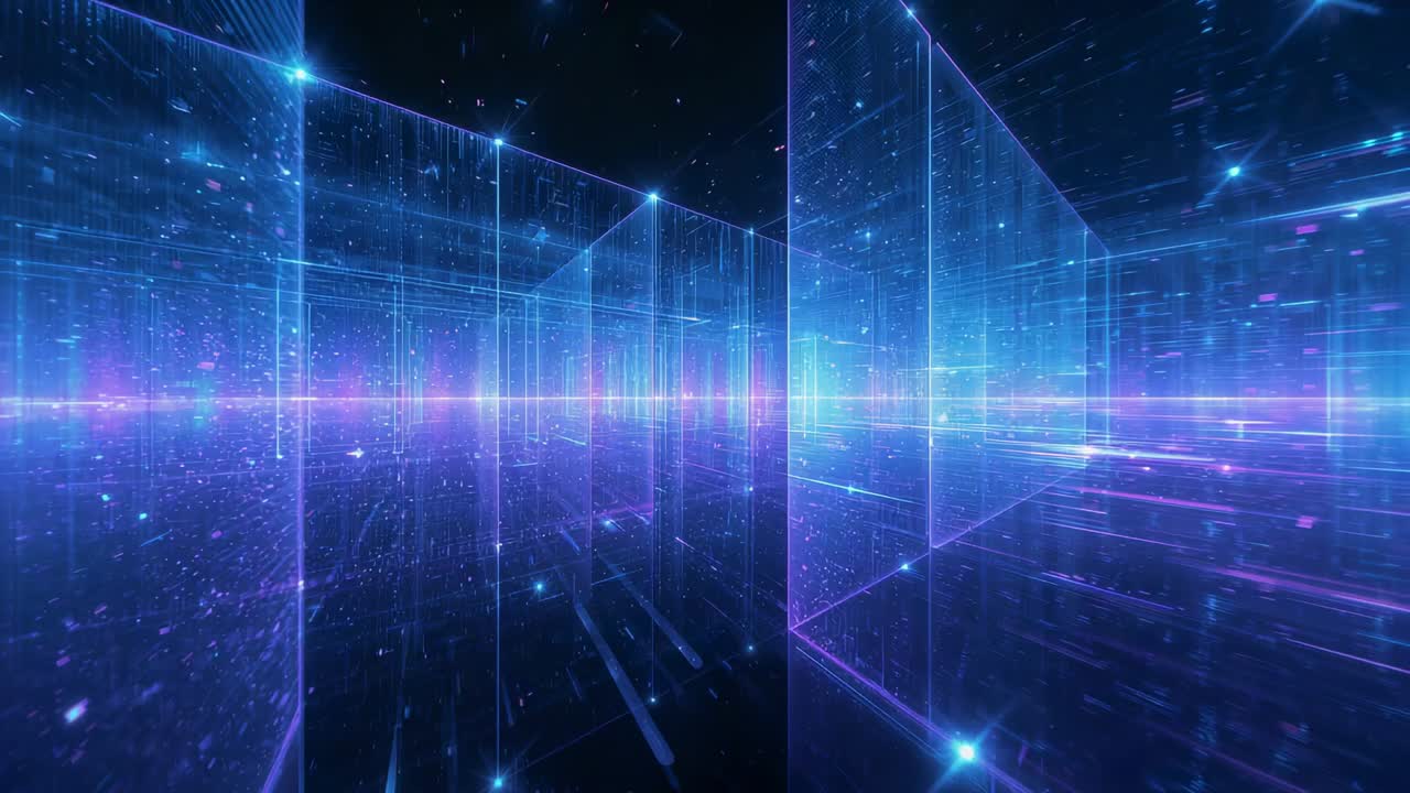 Panning right camera bringing glass vertical panels closer in virtual hall revealing neon horizon