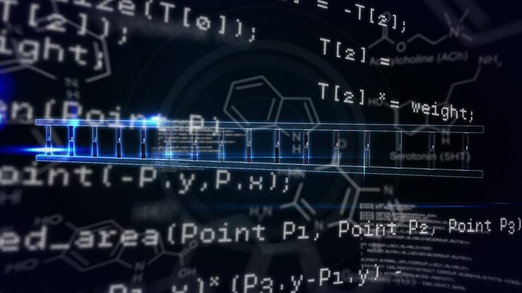 Animation of diverse data processing and dna on black background
