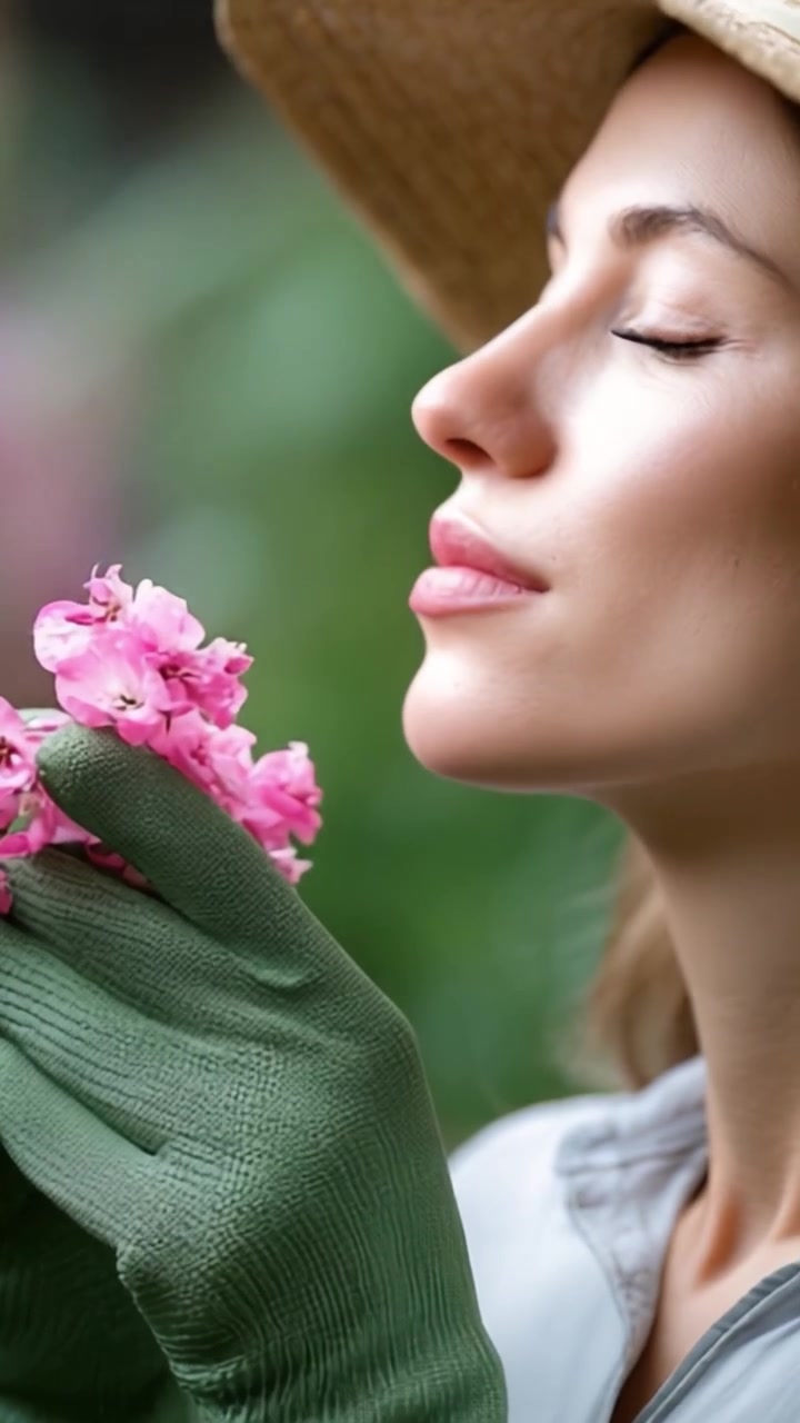En kvinde med solhat holder forsigtigt blomstrende lyserøde blomster, nyder deres duft med et fredfyldt udtryk, der udstråler ro og en forbindelse med naturen