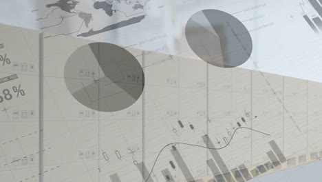 animation of statistics processing over cardboard boxes on conveyor belt in warehouse