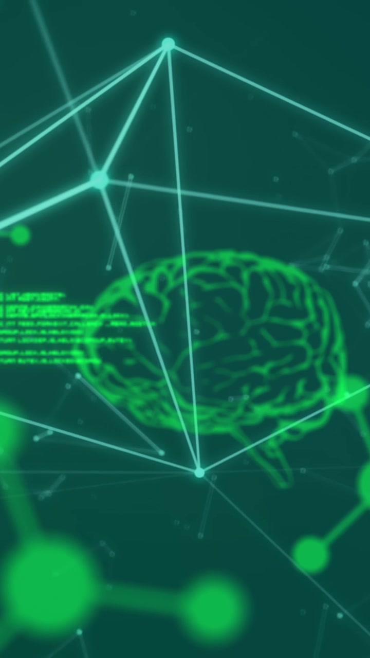 Animation of data processing and brains on black background