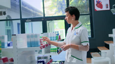 pharmacist placing product on shelves