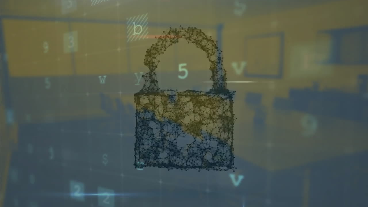 animación del texto de advertencia de seguridad cibernética y el candado sobre la oficina