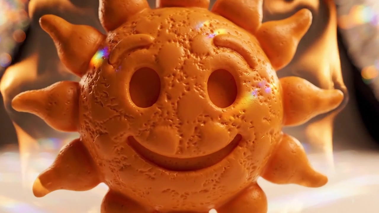 Un allegro biscotto a forma di sole con un volto sorridente è progettato in modo creativo con fiamme e scintille in un'ambientazione di illuminazione accogliente e calda che ne evidenzia le caratteristiche