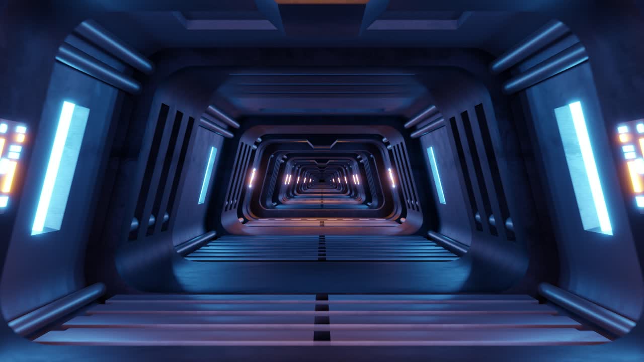 Dark tunnel with glowing purple blue illuminated, 3d rendering animation loop
