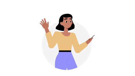 un personaje femenino de dibujos animados en 2d usando un teléfono móvil en un canal alfa transparente