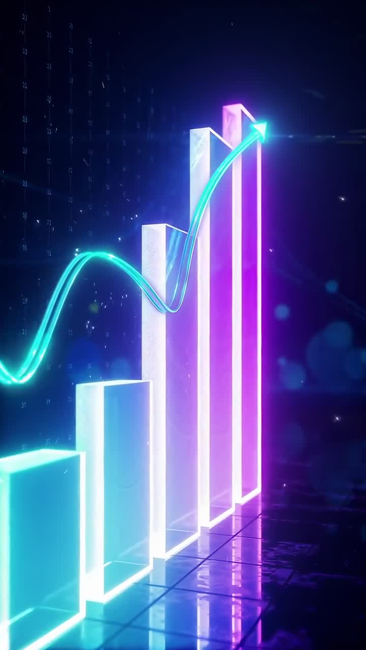 Concetto video futuristico di un grafico a barre luminoso con un trend dinamico in crescita, vista angolata