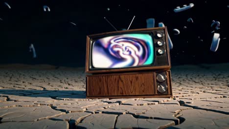 vintage tv in a desert landscape with abstract time pieces