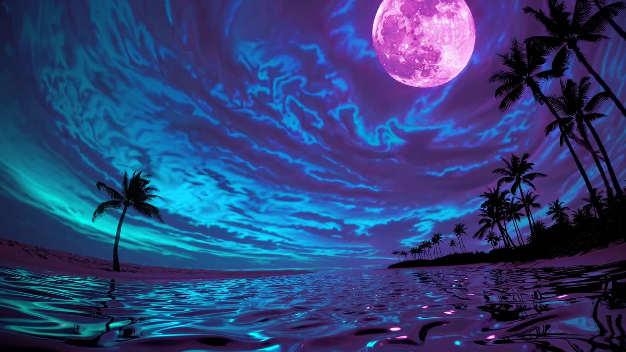 Surreal video concept with a low-angle view of a vibrant purple moon over a tropical beach