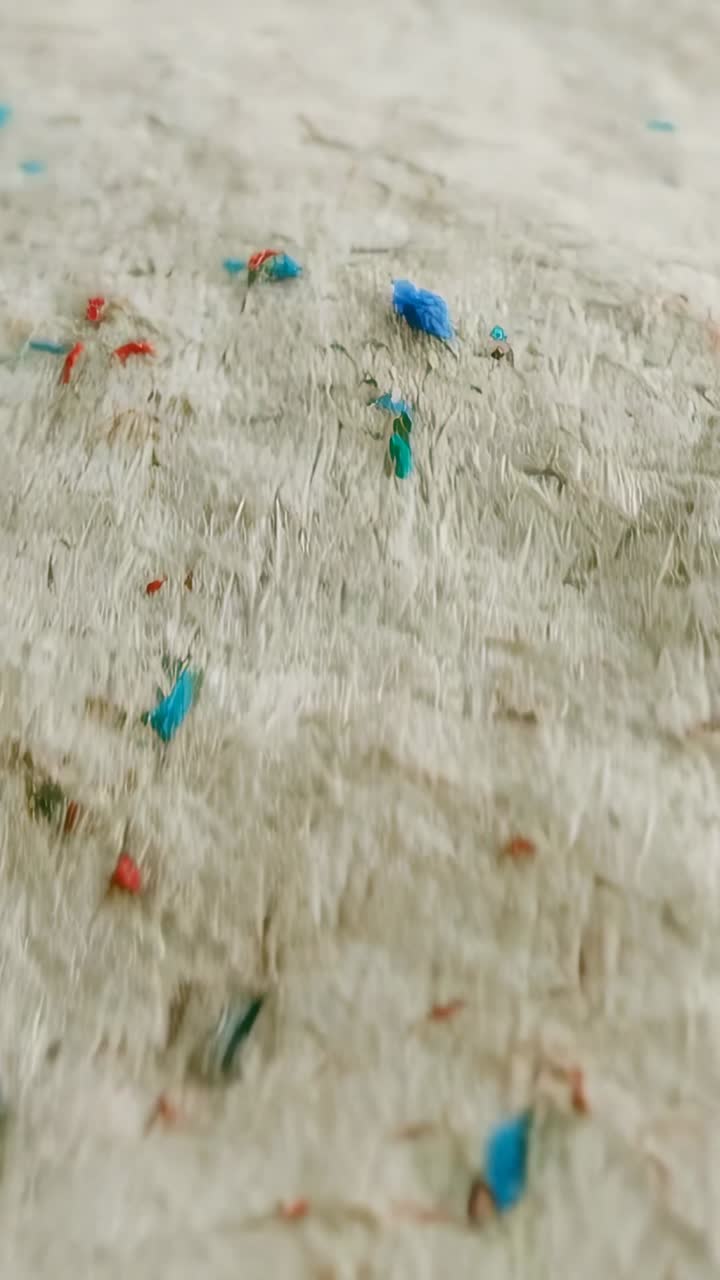 Vertical video: Moving cam refocusing across beige sheet in room, revealing blue green bits