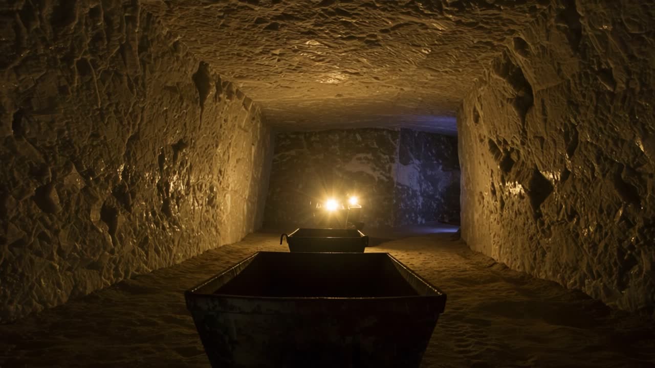 Exploring the Depths of an Abandoned Mine: An Atmospheric Journey Through Dimly Lit Tunnels and Weathered Mine Carts Highlighted by Mysterious Lights