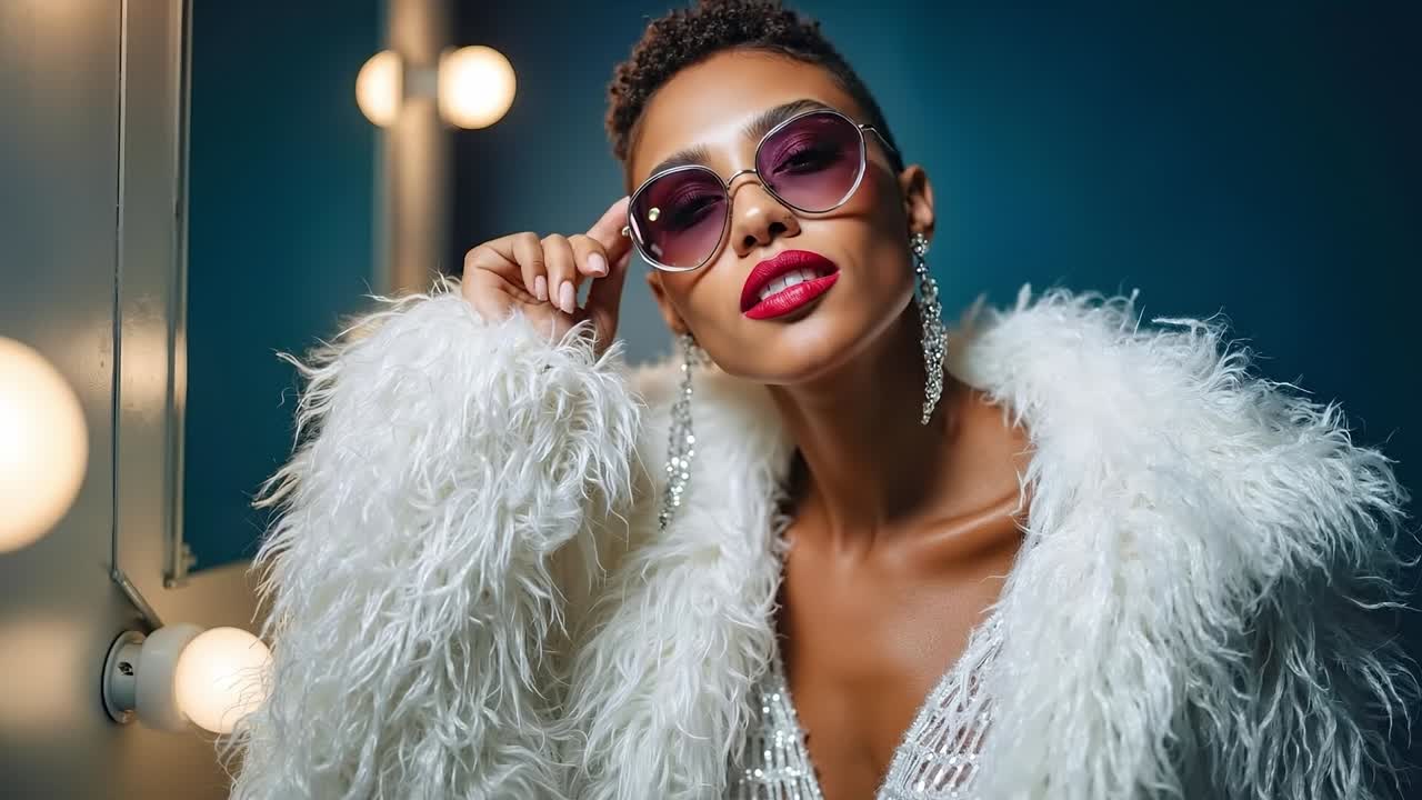 A woman wearing a white fur coat and sunglasses