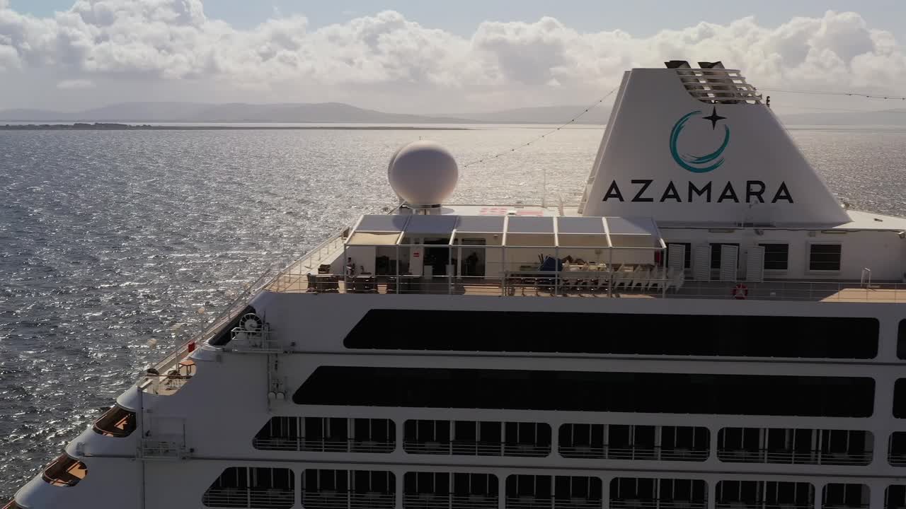 Slow aerial pan reveals the elegant features of the luxurious Azamara cruise ship.