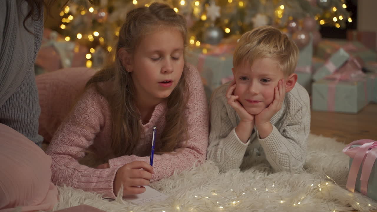 Little Girl Writes A Letter With Her Brother On The Floor Next To The Gifts And The Christmas Tree