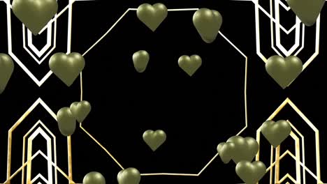 Animation-of-gold-hearts-over-shapes-on-black-background