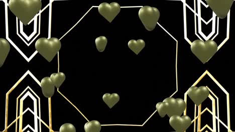 animation of gold hearts over shapes on black background