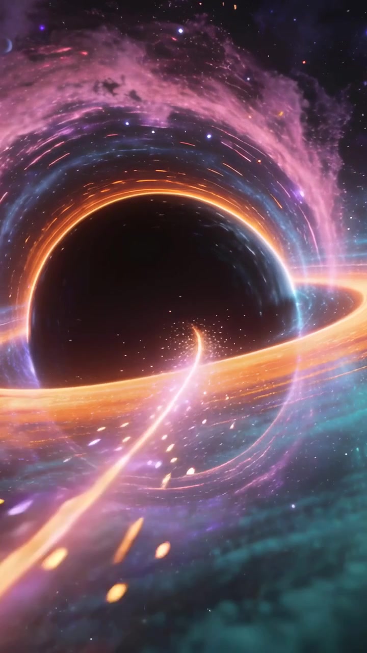 Vertical video: Spiraling stream from ring rim feeding center void in space, showing pink teal gas